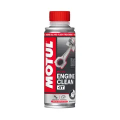 Butelka Motul Engine Clean 4T z tłokiem i korbowodem na etykiecie.