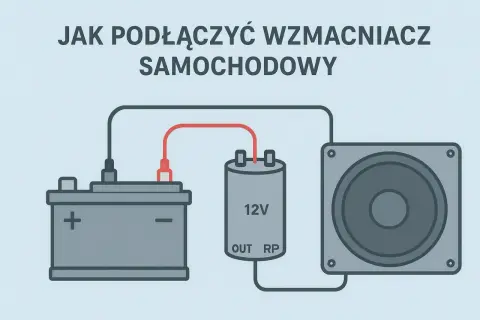 Schemat pokazuje, jak podłączyć wzmacniacz samochodowy: akumulator, kondensator 12V i głośnik połączone przewodami.