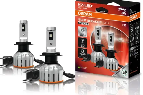 Dwie żarówki led h7 z homologacją OSRAM Night Breaker LED START, opakowanie i akcesoria.