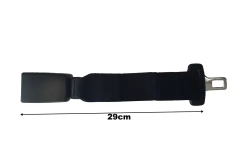 Czarny przedłużacz pasa bezpieczeństwa o długości 29cm, z metalową klamrą i zaczepem.