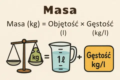 Masa (kg) = Objętość (l) × Gęstość (kg/l). Oblicz, ile wazy litr ropy, mnożąc objętość przez gęstość.