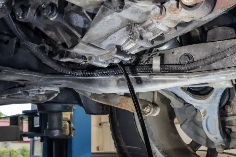Wymiana oleju w skrzyni manualnej Honda CRV. Widać lejek wlewający nowy olej do skrzyni biegów.