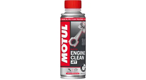 Butelka Motul Engine Clean 4T z tłokiem i korbowodem na etykiecie.