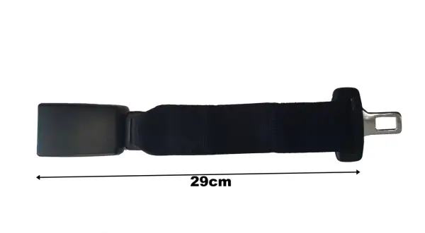 Czarny przedłużacz pasa bezpieczeństwa o długości 29cm, z metalową klamrą i zaczepem.