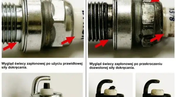 Porównanie świec zapłonowych NGK: prawidłowe dokręcenie vs. przekręcenie. Czerwone strzałki wskazują miejsca uszkodzeń.