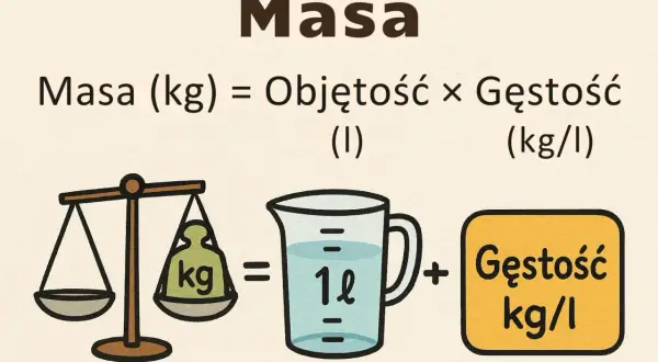 Masa (kg) = Objętość (l) × Gęstość (kg/l). Oblicz, ile wazy litr ropy, mnożąc objętość przez gęstość.