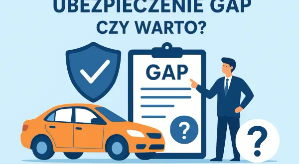 Ubezpieczenie GAP czy warto? Ilustracja przedstawia samochód, tarczę ochronną i dokument z napisem GAP, sugerując analizę opłacalności tego ubezpieczenia.