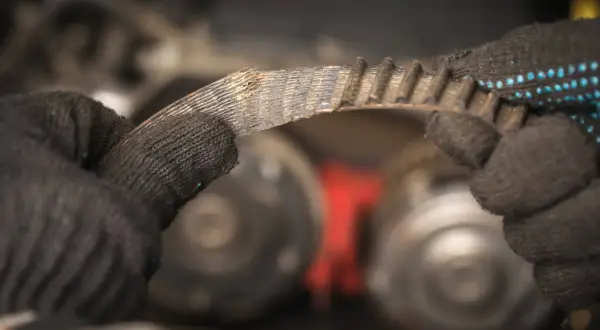 Zużyty, piszczący pasek klinowy w rękach mechanika. Widać postrzępione krawędzie i zużycie.