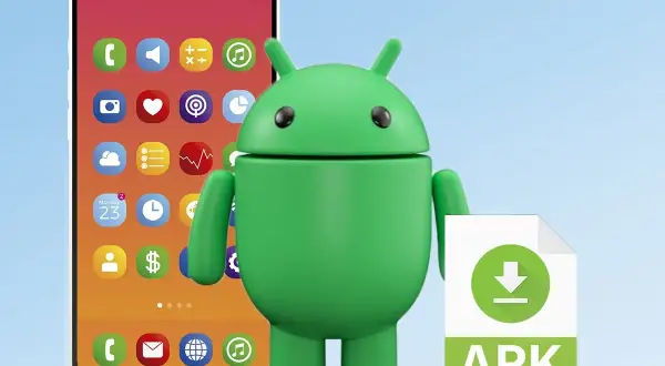Zielony robot Androida obok telefonu z ikonami aplikacji i plikiem APK. To symbolizuje honda connect wgrywanie aplikacji.