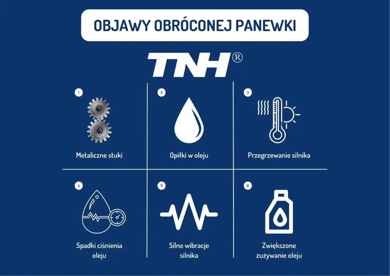Objawy uszkodzonej panewki: metaliczne stuki, opiłki w oleju, przegrzewanie, spadki ciśnienia oleju, wibracje, zwiększone zużycie oleju.