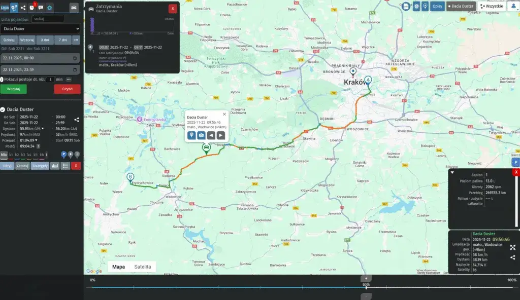 Mapa floty pojazdów na ekranie komputera