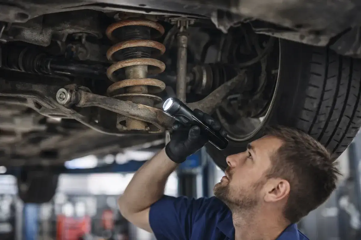 Mechanik bada zawieszenie auta, szukając przyczyny rytmicznego stukania podczas jazdy.