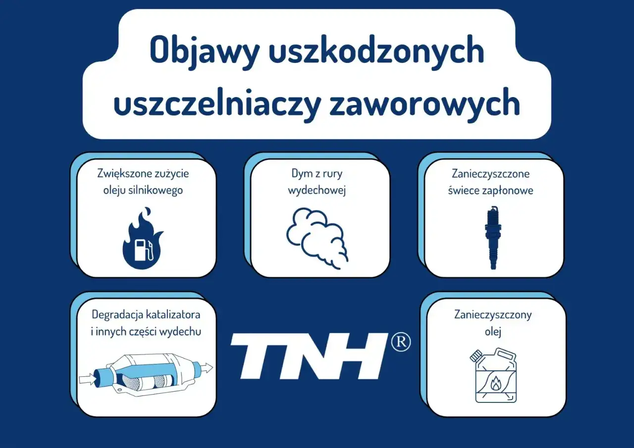 Objawy uszkodzonych uszczelniaczy zaworowych: zwiększone zużycie oleju, dym z rury, zanieczyszczone świece, degradacja katalizatora, zanieczyszczony olej.