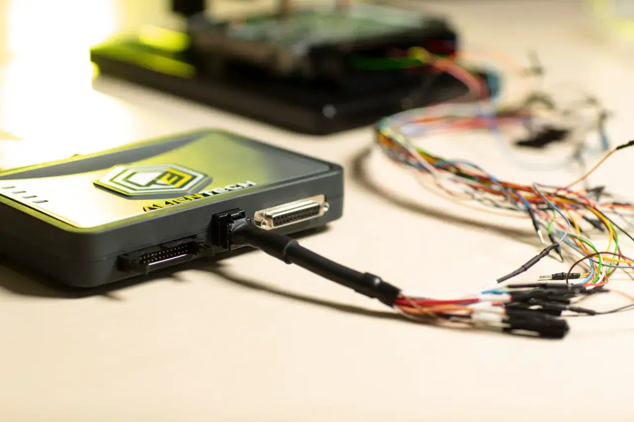 ECU remapping software interface, car connected to diagnostic tool