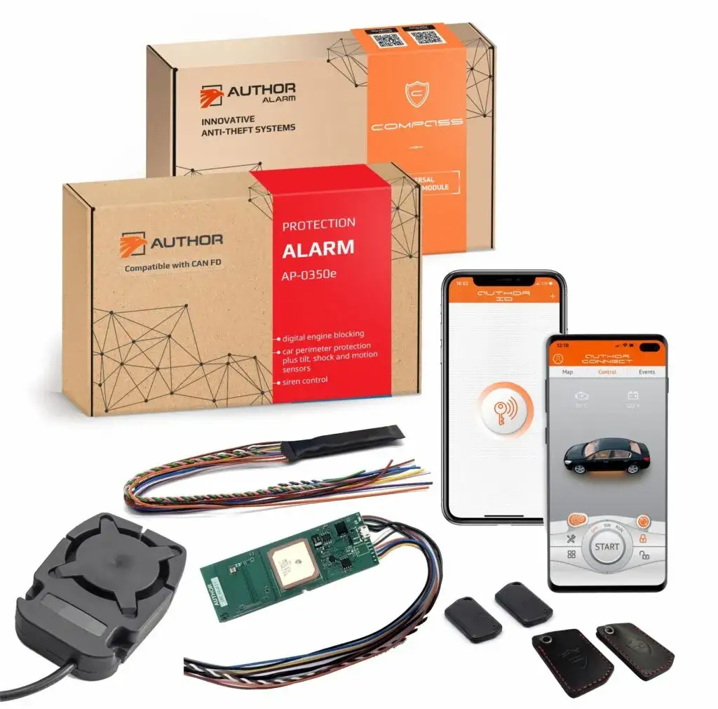 Samochód z lokalizatorem GPS na mapie, ikona alarmu