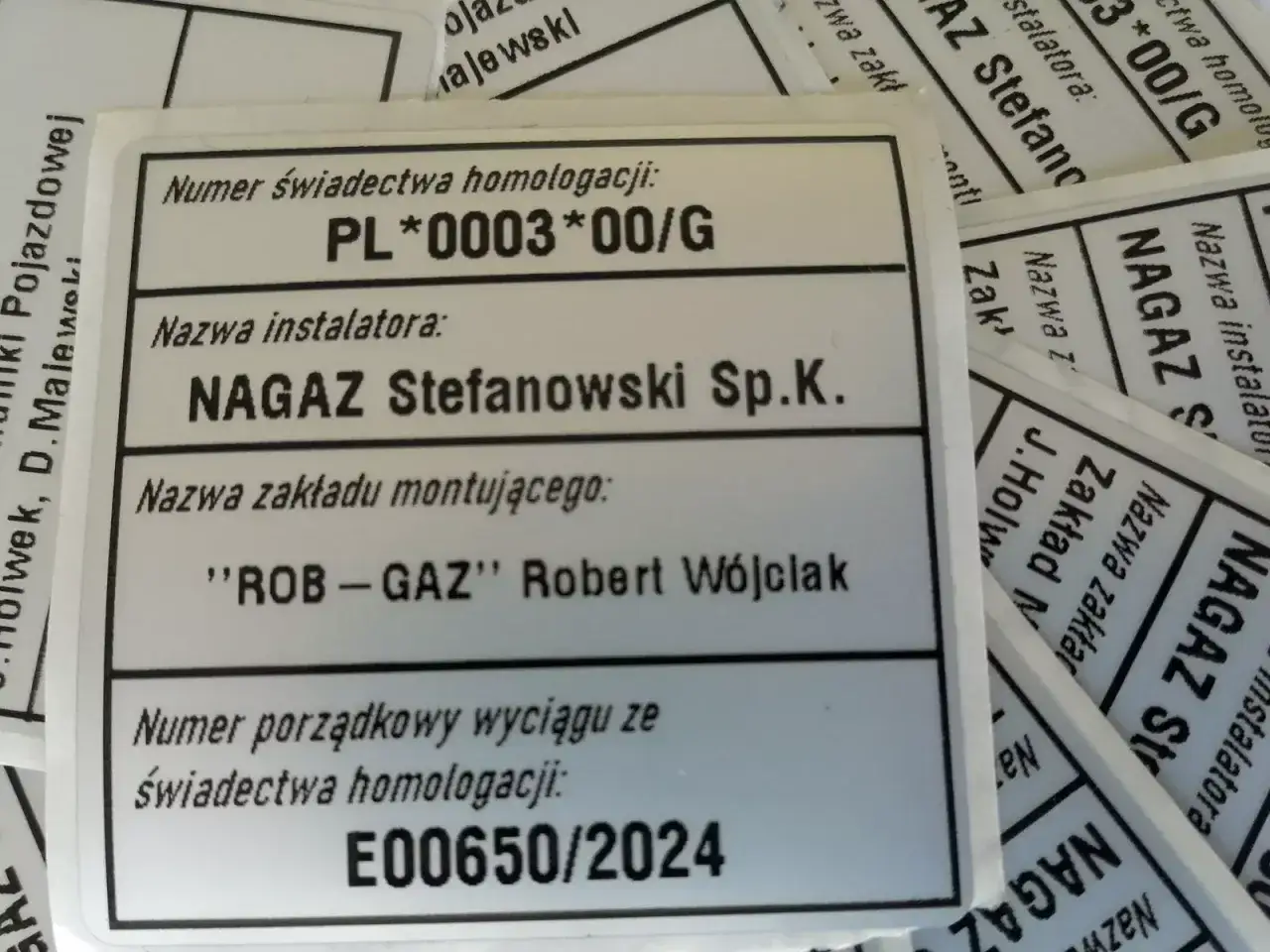 Używana butla LPG z homologacją PL*0003*00/G, instalator NAGAZ Stefanowski Sp.K., zakład ROB-GAZ Robert Wójciak, numer E00650/2024.