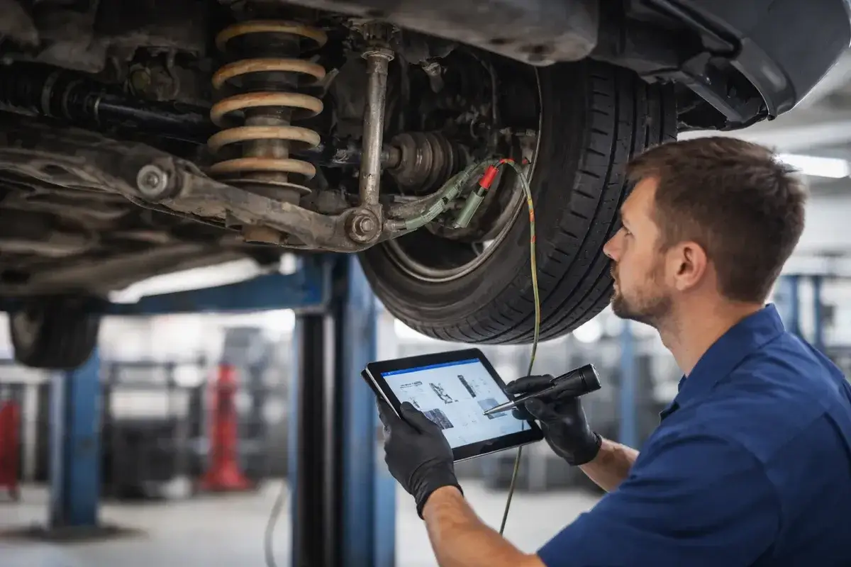 Mechanik diagnozuje przyczynę rytmicznego stukania podczas jazdy, sprawdzając podwozie samochodu za pomocą tabletu i sondy.