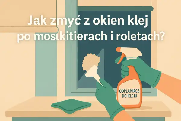 Rękawiczki i preparat "Odplamiacz do kleju" pomogą Ci dowiedzieć się, czym zmyć klej z szyby po moskitierach i roletach.