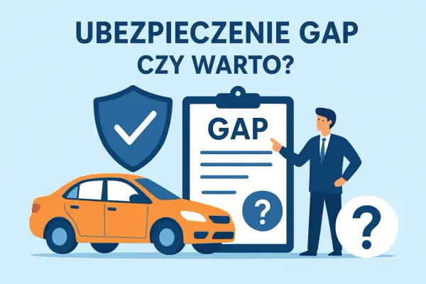 Ubezpieczenie GAP czy warto? Ilustracja przedstawia samochód, tarczę ochronną i dokument z napisem GAP, sugerując analizę opłacalności tego ubezpieczenia.