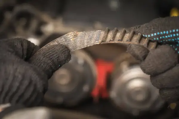 Zużyty, piszczący pasek klinowy w rękach mechanika. Widać postrzępione krawędzie i zużycie.