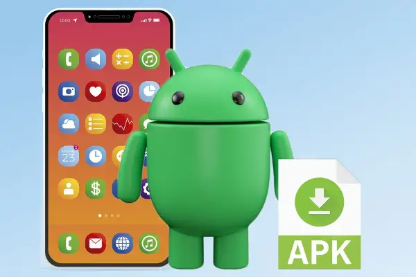 Zielony robot Androida obok telefonu z ikonami aplikacji i plikiem APK. To symbolizuje honda connect wgrywanie aplikacji.